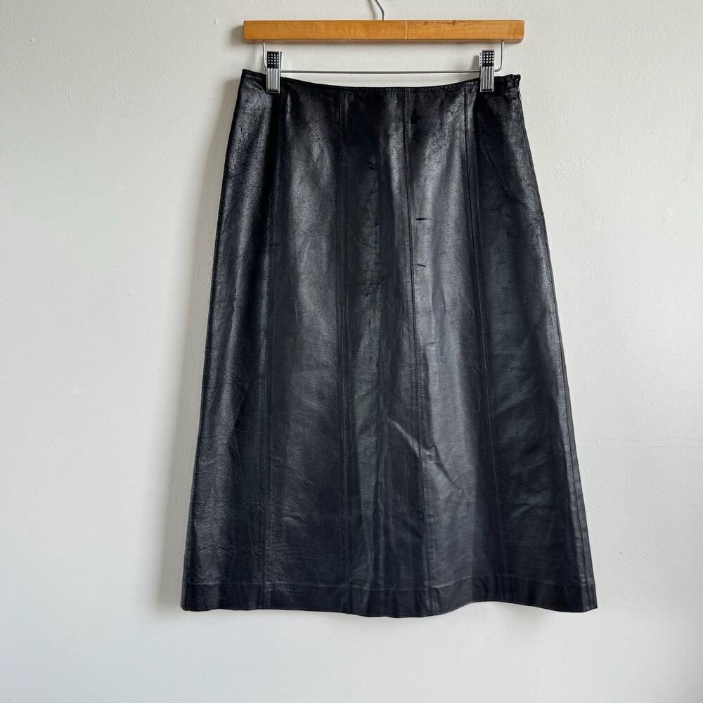 Vintage Black Bonded Leather High Waist A-Line Midi Skirt